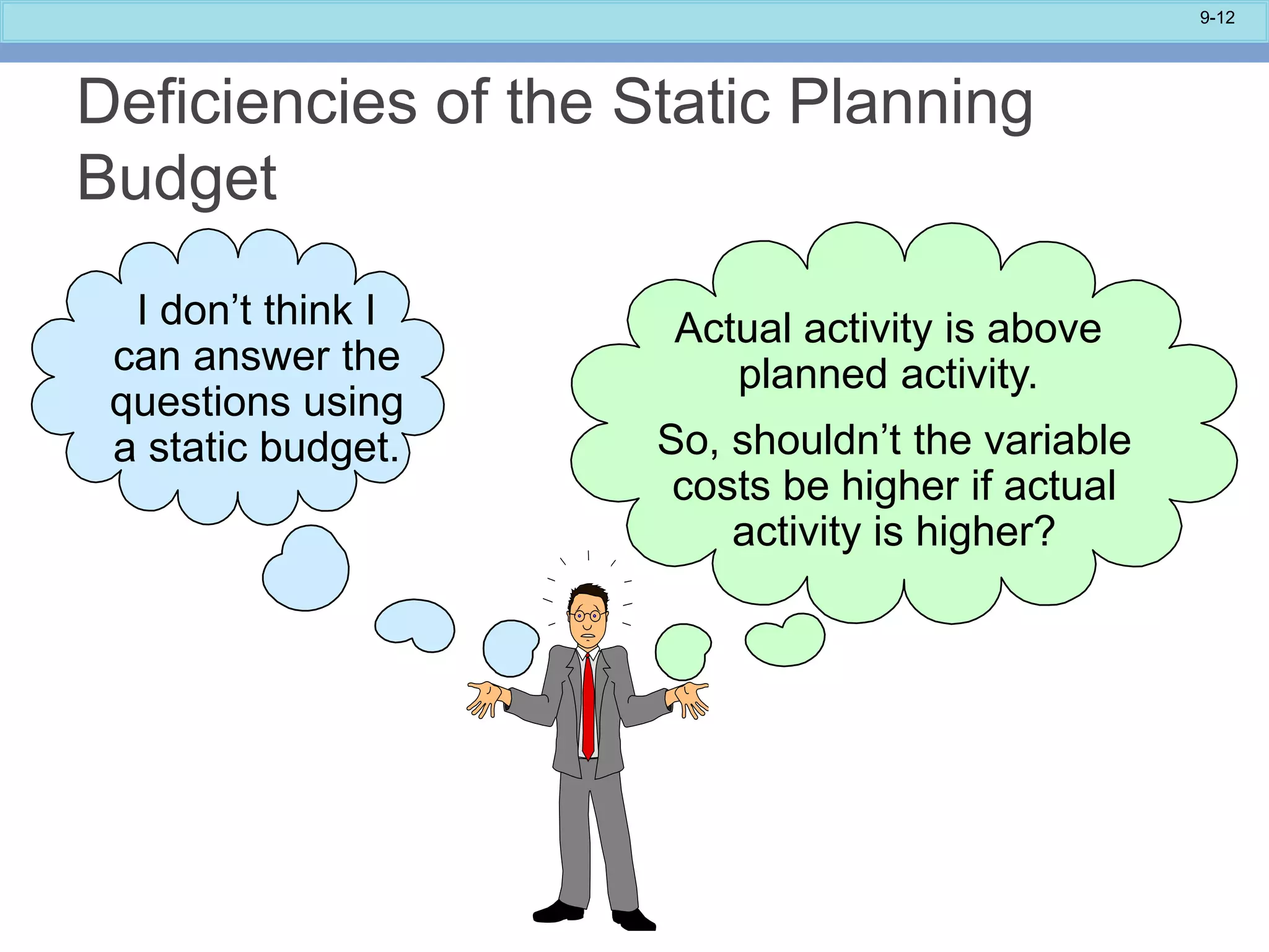 9-12
I don’t think I
can answer the
questions using
a static budget.
Actual activity is above
planned activity.
So, shouldn’t the variable
costs be higher if actual
activity is higher?
Deficiencies of the Static Planning
Budget
 
