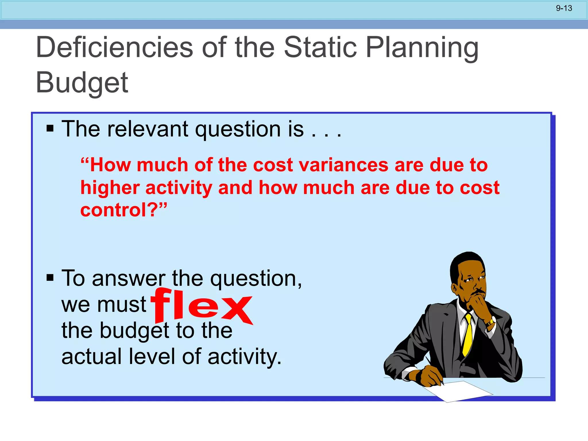 9-13
 The relevant question is . . .
“How much of the cost variances are due to
higher activity and how much are due to cost
control?”
 To answer the question,
we must
the budget to the
actual level of activity.
Deficiencies of the Static Planning
Budget
 
