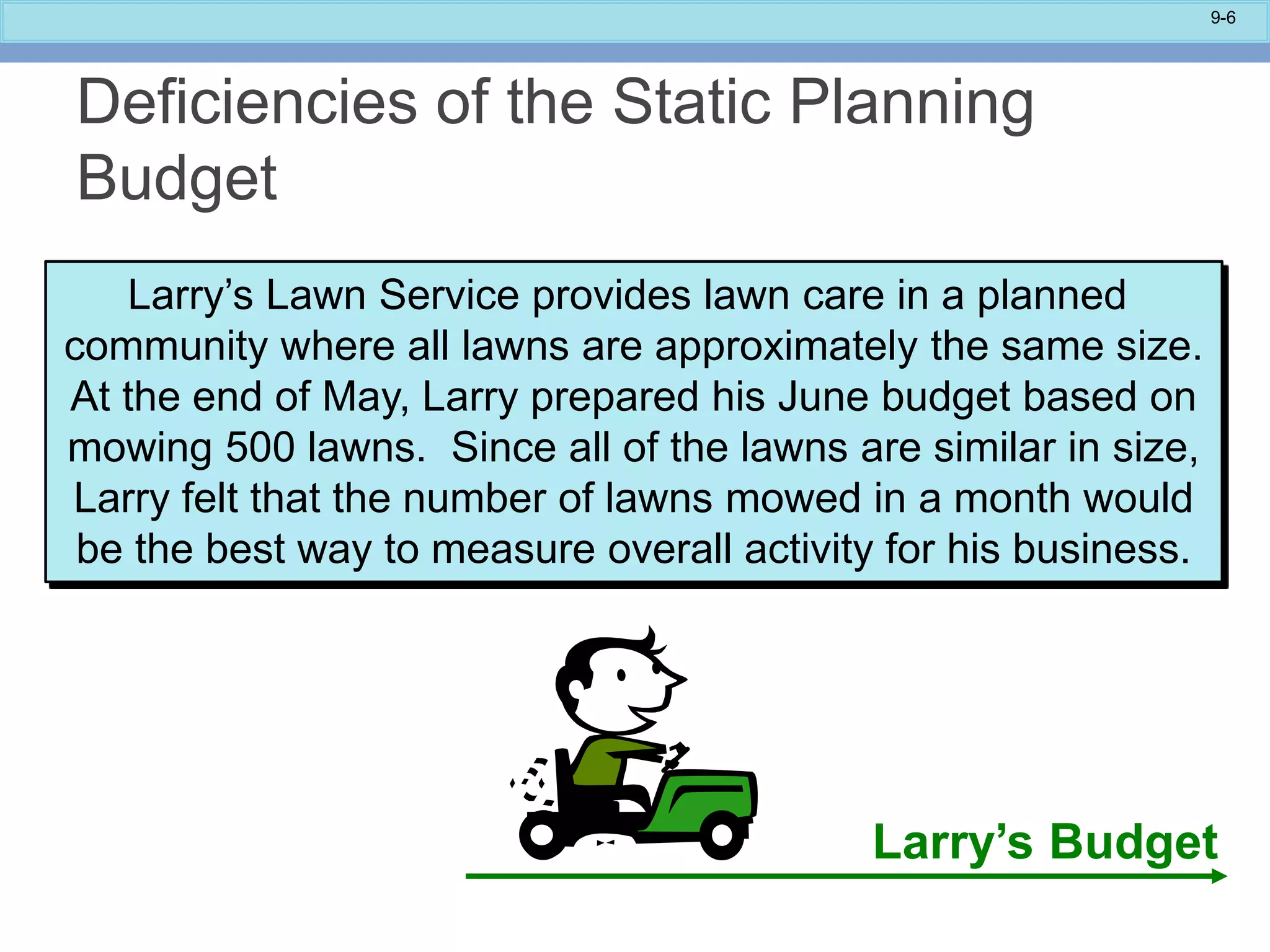 9-6
Larry’s Lawn Service provides lawn care in a planned
community where all lawns are approximately the same size.
At the end of May, Larry prepared his June budget based on
mowing 500 lawns. Since all of the lawns are similar in size,
Larry felt that the number of lawns mowed in a month would
be the best way to measure overall activity for his business.
Larry’s Budget
Deficiencies of the Static Planning
Budget
 