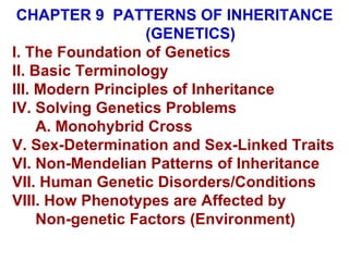 CHAPTER 9  PATTERNS OF INHERITANCE  (GENETICS) I. The Foundation of Genetics II. Basic Terminology III. Modern Principles of Inheritance IV. Solving Genetics Problems A. Monohybrid Cross V. Sex-Determination and Sex-Linked Traits VI. Non-Mendelian Patterns of Inheritance VII. Human Genetic Disorders/Conditions VIII. How Phenotypes are Affected by  Non-genetic Factors (Environment) 