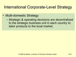 International Corporate-Level Strategy Multi-domestic Strategy Strategic & operating decisions are decentralized to the strategic business unit in each country to tailor products to the local market. 