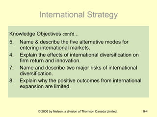 International Strategy Knowledge Objectives  cont’d… 5.  Name & describe the five alternative modes for entering international markets. Explain the effects of international diversification on firm return and innovation. 7.  Name and describe two major risks of international diversification. 8.  Explain why the positive outcomes from international expansion are limited. 