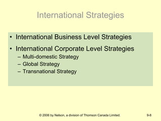 International Strategies International Business Level Strategies International Corporate Level Strategies Multi-domestic Strategy Global Strategy Transnational Strategy 