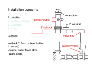 Installation concerns 1. Location 2. Footing, blocking 3. Drainage 4. Color Location: -setback 2’ from curb (or further if no curb) -pumper outlet faces street -guard posts 2’ setback auxillary valve Valve box pumper outlet 