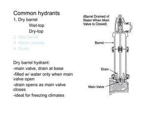 Common hydrants 1. Dry barrel Wet-top Dry-top 2. Wet barrel 3. Warm climate 4. Flush Dry barrel hydrant: -main valve, drain at base -filled w/ water only when main valve open -drain opens as main valve closes -ideal for freezing climates 