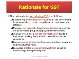 Rationale for GST 
 The rationale for introducing GST is as follows: 
 It would improve collection of revenue for the Government 
in a manner that is more comprehensive, transparent and 
effective. 
Means of increasing the Government tax base by reaching 
out to a broader group of people, namely consumers 
 The GST system has a self-policing mechanism due to in-built 
cross checking features which would improve tax 
ATXB 213 Malaysian Taxation I 35 
compliance 
 Provide opportunity for the Government to lower corporate 
and individual tax rates 
 Encourage greater foreign direct investment as well as 
foster saving among the taxpayers. 
 