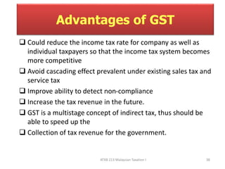 Advantages of GST 
 Could reduce the income tax rate for company as well as 
individual taxpayers so that the income tax system becomes 
more competitive 
 Avoid cascading effect prevalent under existing sales tax and 
ATXB 213 Malaysian Taxation I 38 
service tax 
 Improve ability to detect non-compliance 
 Increase the tax revenue in the future. 
 GST is a multistage concept of indirect tax, thus should be 
able to speed up the 
 Collection of tax revenue for the government. 
 