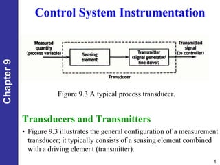 1
Chapter
9
Control System Instrumentation
Figure 9.3 A typical process transducer.
Transducers and Transmitters
• Figure 9.3 illustrates the general configuration of a measurement
transducer; it typically consists of a sensing element combined
with a driving element (transmitter).
 
