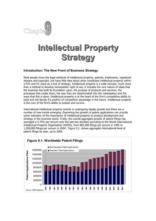 Chapter

                                 Intellectual Property
                                        Strategy
Introduction: The New Front of Business Strategy

Most people know the legal artefacts of intellectual property, patents, trademarks, registered
designs and copyright, but have little idea about what constitutes intellectual property within
a firm and it’s value as a tool of strategy. Intellectual property is a wide concept, much more
than a method to develop monopolistic right of use, it includes the very nature of ideas that
the business has built its foundation upon, the purpose of products and services, the
processes that create them, the way they are disseminated into the marketplace and the
ways that this is done. Intellectual property is at the heart of the firm’s competitive ability to
exist and will decide it’s position of competitive advantage in the future. Intellectual property
is the core of the firm’s ability to sustain and survive.

International intellectual property activity is undergoing steady growth and there are a
number of new trends emerging. Examining the growth of patent applications can provide
some indication of the importance of intellectual property to product development and
strategy in the business world. Firstly, the overall aggregate growth of patent filings has
averaged a 4.75% per annum over the last two decades according to the World International
Intellectual Property Organisation (WIPO), from 884,400 filings per annum in 1985 to
1,599,000 filings per annum in 20041. Figure 9.1. shows aggregate international level of
patent filings by year, up to 2004.


             Figure 9.1. Worldwide Patent Filings
                                               Non-Resident Filed Applications
                             1600000           Resident Filed Applications
 Patent Applications Filed




                             1400000
                             1200000
                             1000000
                             800000
                             600000
                             400000
                             200000
                                  0
                                                     1987



                                                                   1989



                                                                                 1991

                                                                                        1992

                                                                                               1993

                                                                                                      1994



                                                                                                                    1996



                                                                                                                                  1998



                                                                                                                                                2000



                                                                                                                                                              2002

                                                                                                                                                                     2003
                                       1985

                                              1986



                                                            1988



                                                                          1990




                                                                                                             1995



                                                                                                                           1997



                                                                                                                                         1999



                                                                                                                                                       2001




                                                                                                                                                                            2004




  Source: WIPO Statistics
 