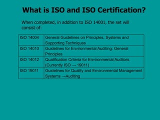 What is ISO and ISO Certification?
When completed, in addition to ISO 14001, the set will
consist of:
ISO 14004 General Guidelines on Principles, Systems and
Supporting Techniques
ISO 14010 Guidelines for Environmental Auditing: General
Principles
ISO 14012 Qualification Criteria for Environmental Auditors.
(Currently ISO → 19011)
ISO 19011 Guidelines for Quality and Environmental Management
Systems →Auditing
 