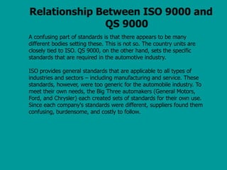 Relationship Between ISO 9000 and
QS 9000
A confusing part of standards is that there appears to be many
different bodies setting these. This is not so. The country units are
closely tied to ISO. QS 9000, on the other hand, sets the specific
standards that are required in the automotive industry.
ISO provides general standards that are applicable to all types of
industries and sectors – including manufacturing and service. These
standards, however, were too generic for the automobile industry. To
meet their own needs, the Big Three automakers (General Motors,
Ford, and Chrysler) each created sets of standards for their own use.
Since each company's standards were different, suppliers found them
confusing, burdensome, and costly to follow.
 