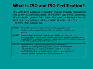 What is ISO and ISO Certification?
ISO-9001 ‘defines all the elements necessary for conformity throughout the whole
operating cycle from design through development, production, installation and
servicing.’
ISO-9002 ‘module for quality assurance in production and installation and is the more
common standard for manufacturers. It applies where there is already an established design
or specification that constitutes the specified product requirement.’ The module is very similar
to ISO-9001 (except for design and design changes)
ISO-9003 ‘applies to firms in a contractual situation that wish to demonstrate
capabilities for inspecting and testing products. It covers document control,
product identification and marking, control of products that do not pass
specified tests, handling and storage systems, control of measuring and test
equipment, statistical techniques and training’ (www.iso.org).
ISO 9000 gives guidelines for selection and use of quality management
and quality assurance standards. There are six sets of such guidelines,
that is, detailed groups of documents that cover, to the extent this can
be done in general terms, all the operational aspects of a firm.
The three main modules are:
 