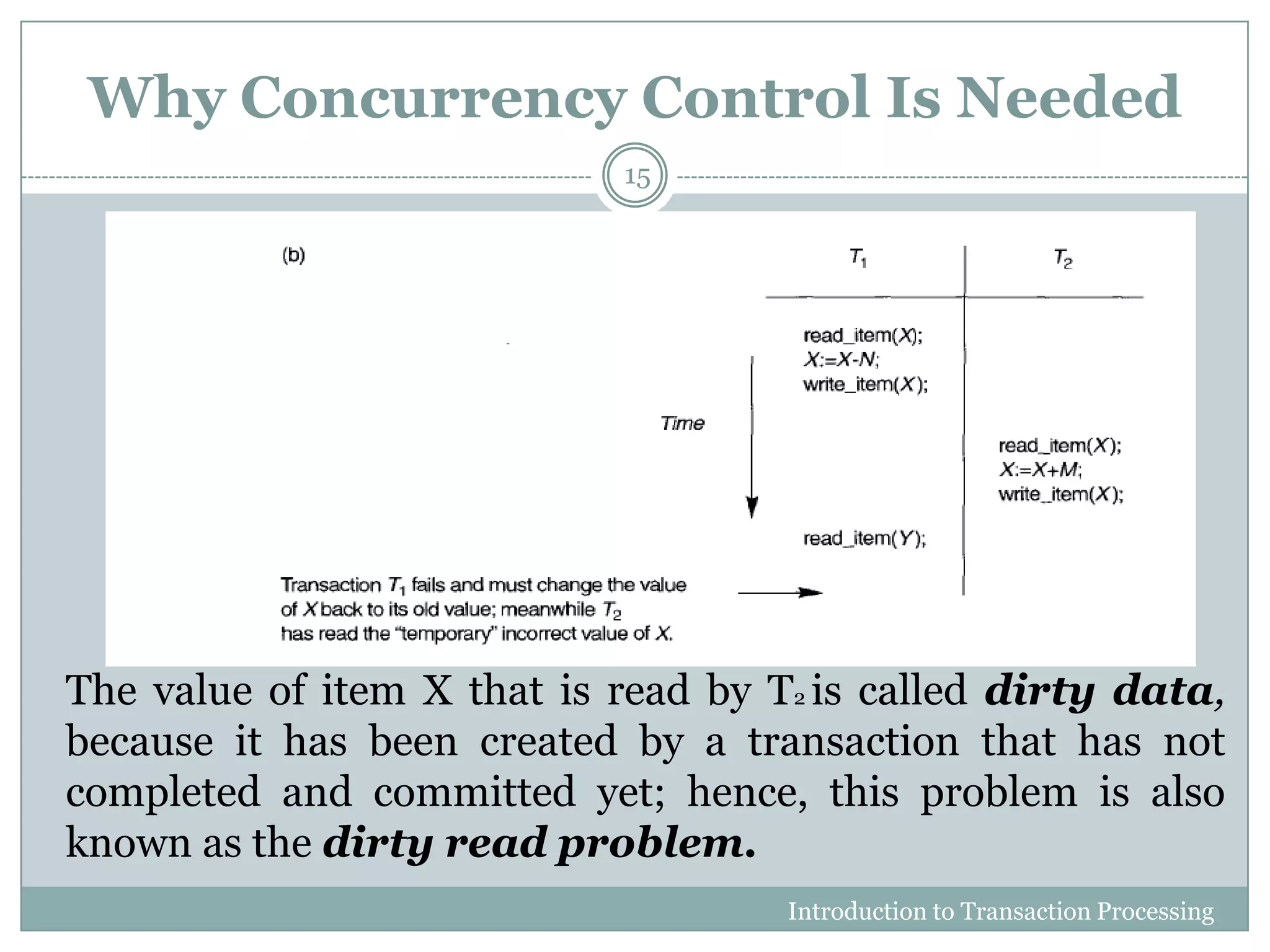 Why Concurrency Control Is Needed
The value of item X that is read by T2 is called dirty data,
because it has been created by a transaction that has not
completed and committed yet; hence, this problem is also
known as the dirty read problem.
Introduction to Transaction Processing
15
 