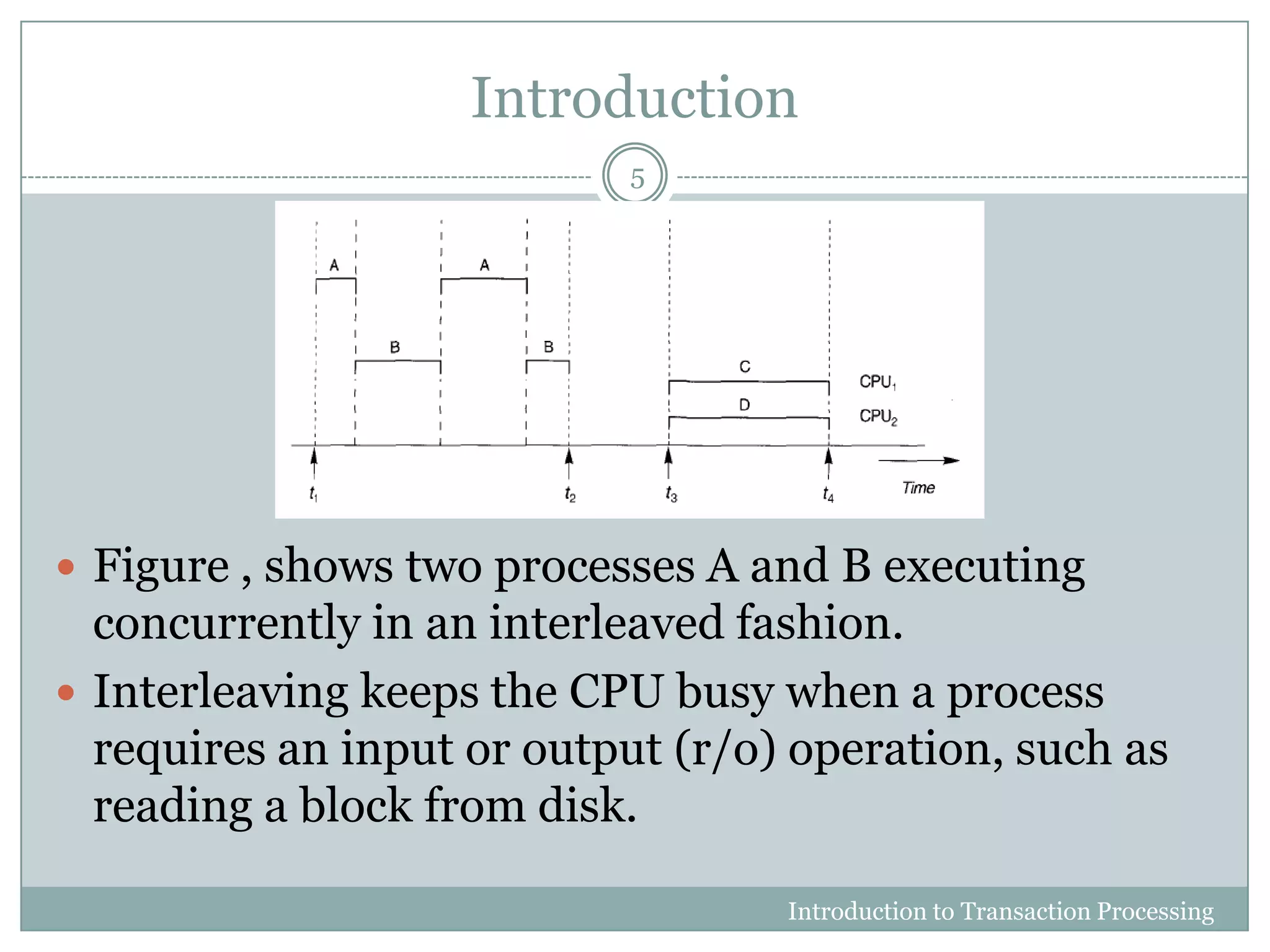 Introduction
 Figure , shows two processes A and B executing
concurrently in an interleaved fashion.
 Interleaving keeps the CPU busy when a process
requires an input or output (r/o) operation, such as
reading a block from disk.
Introduction to Transaction Processing
5
 