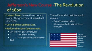 Jefferson’s New Course -The Revolution
of 1800
• Laissez Faire• Get rid of the Sedition Act.
• Reduce the size of government
The 1795
flag included
the new
states of
Kentucky
and
Vermont.

 