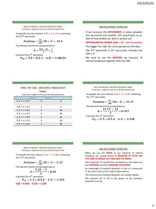2013/05/22
7
FIND THEMEDIAN-GROUPEDFREQUENCYTABLE:
TruckData: weights(intonnes)of20fullyloadedtrucks
• To identify the class interval 𝟒. 𝟎 < 𝒙 ≤ 𝟒. 𝟓 containing
the 50 𝑡ℎ percentile:
𝑷𝒐𝒔𝒊𝒕𝒊𝒐𝒏 =
𝟓𝟎
𝟏𝟎𝟎
𝟐𝟎 + 𝟏 = 𝟏𝟎. 𝟓
• The decimal fraction for grouped data is:
𝒅 =
𝟏𝟎.𝟓 − 𝟏𝟎
𝟑
=
𝟏
𝟔
• Calculate the 𝑝 𝑡ℎ percentile:
𝑷 𝟓𝟎 ≈ 𝟒. 𝟎 + 𝒅 𝟒. 𝟓 − 𝟒. 𝟎 = 𝟒. 𝟎𝟖𝟑𝟑𝟑
MEASURINGSPREAD
• If we measure the DIFFERENCE in value between
one percentile and another, this would give us an
idea of how widely our data is spread out.
• INTERQUARTILE RANGE (IQR) = 75th – 25th Percentiles
• The bigger the IQR, the more spread out the data.
• The 75th percentile ≥ 25th percentile, therefor the
IQR ≥ 0 .
• We tend to use the MEDIAN (as measure of
central tendency) together with the IQR.
FIND THE IQR - GROUPED FREQUENCY
TABLE:
TruckData: weights(intonnes)of20fullyloadedtrucks
ClassIntervals Frequency CumulativeFrequency
𝟐. 𝟓 ≤ 𝒙 ≤ 𝟑. 𝟎 4 4
𝟑. 𝟎 < 𝒙 ≤ 𝟑. 𝟓 1 5
𝟑. 𝟓 < 𝒙 ≤ 𝟒. 𝟎 5 10
𝟒. 𝟎 < 𝒙 ≤ 𝟒. 𝟓 3 13
𝟒. 𝟓 < 𝒙 ≤ 𝟓. 𝟎 3 16
𝟓. 𝟎 < 𝒙 ≤ 𝟓. 𝟓 3 19
𝟓. 𝟓 < 𝒙 ≤ 𝟔. 𝟎 1 20
FIND THEMEDIAN-GROUPEDFREQUENCYTABLE:
TruckData: weights(intonnes)of20fullyloadedtrucks
• To identify the class interval 𝟒. 𝟓 < 𝒙 ≤ 𝟓. 𝟎 containing
the 75 𝑡ℎ percentile:
𝑷𝒐𝒔𝒊𝒕𝒊𝒐𝒏 =
𝟕𝟓
𝟏𝟎𝟎
𝟐𝟎 + 𝟏 = 𝟏𝟓. 𝟕𝟓
• The decimal fraction for grouped data is:
𝒅 =
𝟏𝟓. 𝟕𝟓 − 𝟏𝟑
𝟑
= 𝟎. 𝟗𝟏𝟕
• Calculate the 𝑝 𝑡ℎ percentile:
𝑷 𝟕𝟓 ≈ 𝟒. 𝟓 + 𝒅 𝟓. 𝟎 − 𝟒. 𝟓 = 𝟒. 𝟗𝟓𝟖
FIND THEMEDIAN-GROUPEDFREQUENCYTABLE:
TruckData: weights(intonnes)of20fullyloadedtrucks
• To identify the class interval 𝟑. 𝟓 < 𝒙 ≤ 𝟒.0 containing
the 25 𝑡ℎ percentile:
𝑷𝒐𝒔𝒊𝒕𝒊𝒐𝒏 =
𝟐𝟓
𝟏𝟎𝟎
𝟐𝟎 + 𝟏 = 𝟓. 𝟐𝟓
• The decimal fraction for grouped data is:
𝒅 =
𝟓. 𝟐𝟓 − 𝟓
𝟓
= 𝟎. 𝟎𝟓
• Calculate the 𝑝 𝑡ℎ percentile:
𝑷 𝟐𝟓 ≈ 𝟑. 𝟓 + 𝒅 𝟒. 𝟎 − 𝟑. 𝟓 = 𝟑. 𝟓𝟐𝟓
• IQR = 4.958 – 3.525 = 1.433
MEASURINGSPREAD
• When we use the MEAN as our measure of central
tendency, we usually choose A MEASURE OF HOW FAR
THE DATA IS SPREAD OUT AROUND THE MEAN.
• Two measures of spread that are based on the mean are
the VARIANCE and the STANDARD DEVIATION.
• An advantage of standard deviation is that it is measured
in the same units as the original observations.
• The variance and standard deviation are closely related.
• The variance (𝒔 𝟐 or 𝝈 𝟐) is the square of the standard
deviation (𝒔 or 𝝈).
 