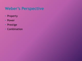 Weber’s Perspective
• Property
• Power
• Prestige
• Combination
 