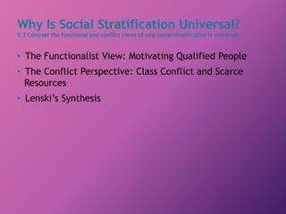 Why Is Social Stratification Universal?
9.3 Contrast the functional and conflict views of why social stratification is universal.
• The Functionalist View: Motivating Qualified People
• The Conflict Perspective: Class Conflict and Scarce
Resources
• Lenski’s Synthesis
 