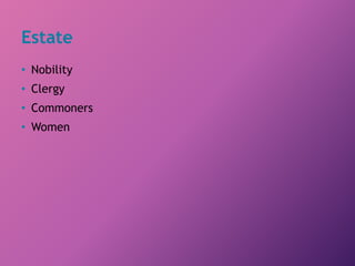Estate
• Nobility
• Clergy
• Commoners
• Women
 