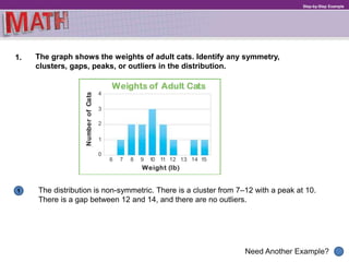 1
Need Another Example?
Step-by-Step Example
1. The graph shows the weights of adult cats. Identify any symmetry,
clusters, gaps, peaks, or outliers in the distribution.
The distribution is non-symmetric. There is a cluster from 7–12 with a peak at 10.
There is a gap between 12 and 14, and there are no outliers.
 