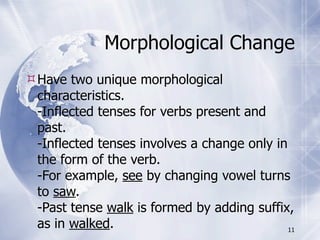 Morphological Change
Have two unique morphological
 characteristics.
 -Inflected tenses for verbs present and
 past.
 -Inflected tenses involves a change only in
 the form of the verb.
 -For example, see by changing vowel turns
 to saw.
 -Past tense walk is formed by adding suffix,
 as in walked.                               11
 