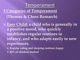 3 Categories of Temperament
(Thomas & Chess Research)
 Easy Child: a child who is generally in
a positive mood, who quickly
establishes regular routines in
infancy, and who adapts easily to new
experiences.
 Regular eating and sleeping routines; happy
 40% of children studied
 