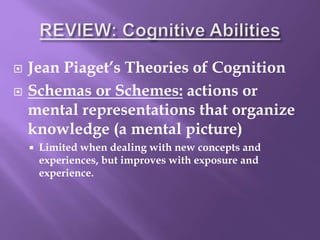  Jean Piaget’s Theories of Cognition
 Schemas or Schemes: actions or
mental representations that organize
knowledge (a mental picture)
 Limited when dealing with new concepts and
experiences, but improves with exposure and
experience.
 