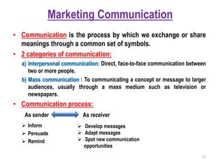• Communication is the process by which we exchange or share
meanings through a common set of symbols.
• 2 categories of communication:
a) Interpersonal communication: Direct, face-to-face communication between
two or more people.
b) Mass communication : To communicating a concept or message to larger
audiences, usually through a mass medium such as television or
newspapers.
• Communication process:
As sender As receiver
 Inform
 Persuade
 Remind
Marketing Communication
 Develop messages
 Adapt messages
 Spot new communication
opportunities
11
 