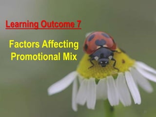 Learning Outcome 7
Factors Affecting
Promotional Mix
21
 