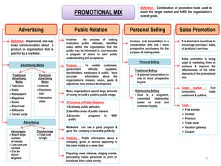 Definition : Combination of promotion tools used to
reach the target market and fulfill the organization’s
overall goals.
Personal Selling
Definition: Impersonal, one way
mass communication about a
product or organization that is
paid for by a marketer.
Advertising Media
Traditional
Advertising
Media
Television
Radio
Newspapers
Magazines
Books
Direct mail
Billboards
Transit cards
Electronic
Advertising
Media
Internet
Electronic
mail
Interactive
video
Advertising
Advertising
PROMOTIONAL MIX
Advantages
Reach large
number
of people.
Low cost per
contact .
Can be
micro-
targeted.
Disadvantage
Total cost
is high.
Involves the process of making
evaluation public attitudes, identifies
areas within the organization that the
public may be interested in, and executes
a program of action to earn public
understanding and acceptance.
Purpose : To enable customers,
government officials, suppliers,
stockholders, employees & public have
accurate information about the
organization’s mission, vision, goals &
objectives, new product development.
Many organizations spend large amounts
of money to build a positive public image.
3 Functions of Public Relations
1.Evaluates public attitudes.
2.Identifies areas of public interest.
3.Executes programs to ‘WIN’
public.
Marketers can use a good program &
gave the company a favorable publicity.
Publicity : Public information about a
company, good, or service appearing in
the mass media as a news item.
Preparing news releases, staging events,
persuading media personnel to print or
broadcast them costs money.
Public Relation
Involves oral presentation in a
conservation with one / more
prospective purchasers fro the
purpose of making sales.
Traditional Selling
• A planned presentation to
one or more prospective
buyers.
Relationship Selling
• Goal is a long-term,
committed relationship
based on trust and
customer loyalty.
Personal Selling
It is short-term incentives to
encourage purchase / sales
of products / services.
Sales Promotion
Sales promotion is being
used to marketing firms to
enhance & improve the
effectiveness of the other
elements of the promotional
mix.
Target market : End
consumers, trade
customers & publics.
Tools :-
 Free sample
 Contest
 Premium
 Trade show
 Vacation gateway
 Coupon
9
 
