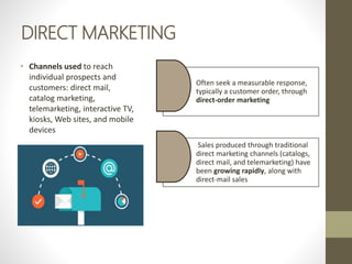 DIRECT MARKETING
• Channels used to reach
individual prospects and
customers: direct mail,
catalog marketing,
telemarketing, interactive TV,
kiosks, Web sites, and mobile
devices
Often seek a measurable response,
typically a customer order, through
direct-order marketing
Sales produced through traditional
direct marketing channels (catalogs,
direct mail, and telemarketing) have
been growing rapidly, along with
direct-mail sales
 