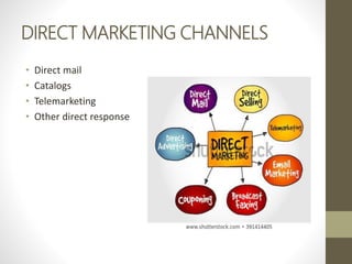DIRECT MARKETING CHANNELS
• Direct mail
• Catalogs
• Telemarketing
• Other direct response
 