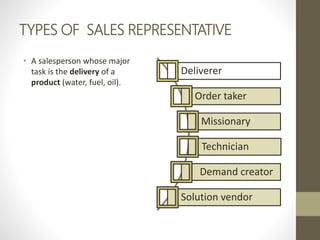TYPES OF SALES REPRESENTATIVE
• A salesperson whose major
task is the delivery of a
product (water, fuel, oil).
Deliverer
Order taker
Missionary
Technician
Demand creator
Solution vendor
 