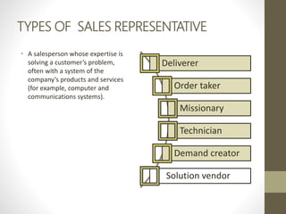 TYPES OF SALES REPRESENTATIVE
• A salesperson whose expertise is
solving a customer’s problem,
often with a system of the
company’s products and services
(for example, computer and
communications systems).
Deliverer
Order taker
Missionary
Technician
Demand creator
Solution vendor
 