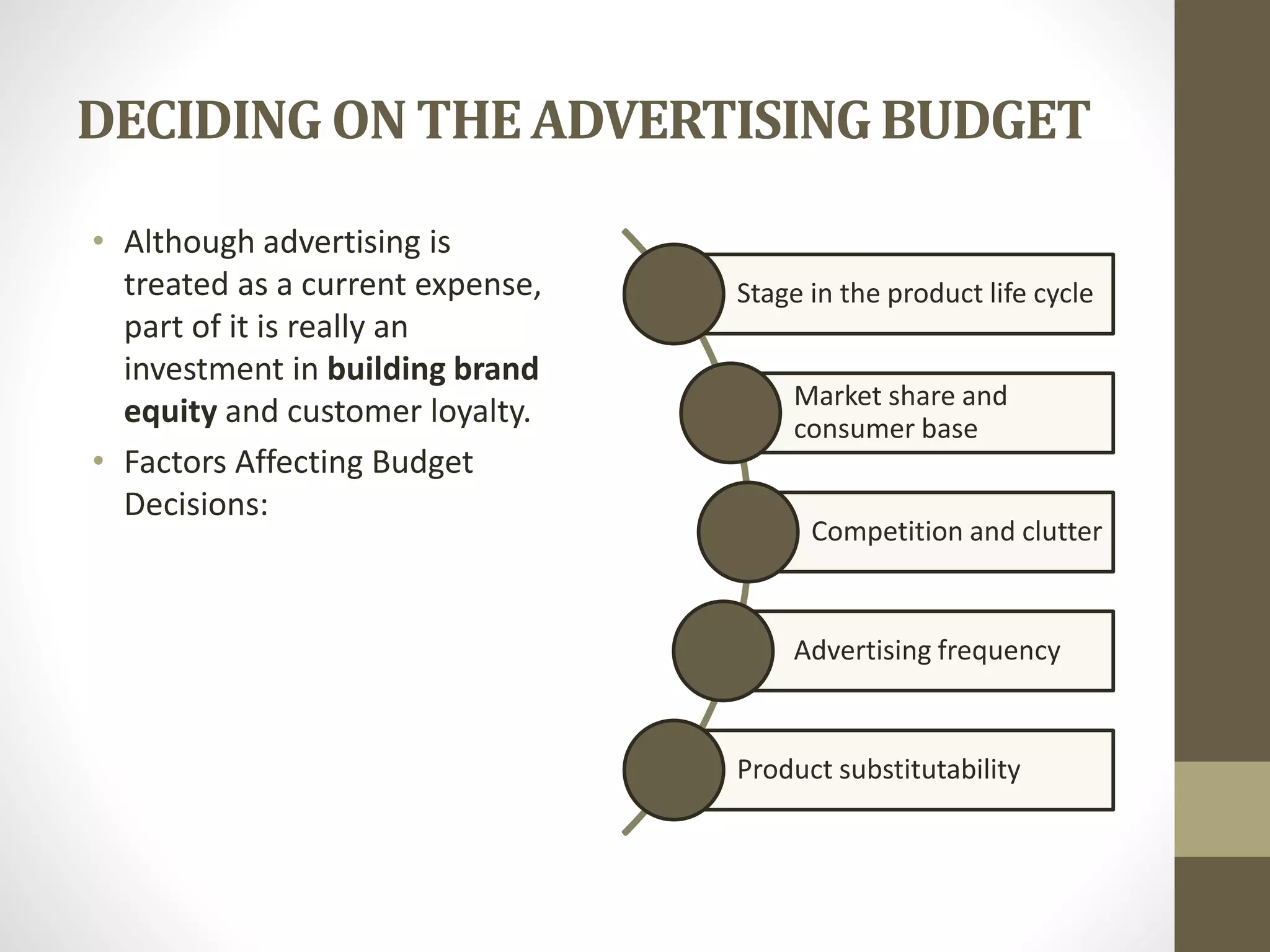 DECIDING ON THEADVERTISINGBUDGET
• Although advertising is
treated as a current expense,
part of it is really an
investment in building brand
equity and customer loyalty.
• Factors Affecting Budget
Decisions:
Stage in the product life cycle
Market share and
consumer base
Competition and clutter
Advertising frequency
Product substitutability
 