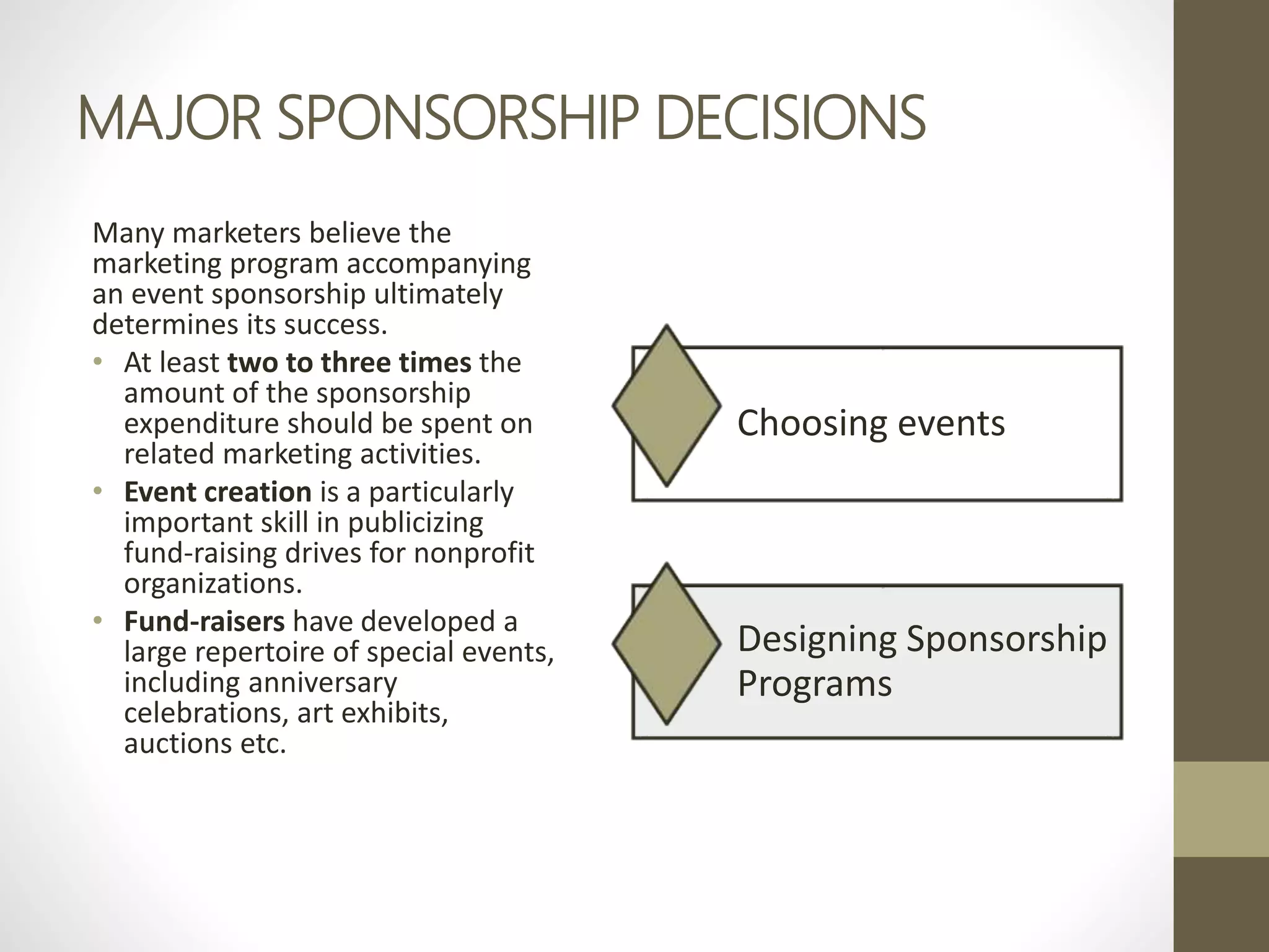 MAJOR SPONSORSHIP DECISIONS
Many marketers believe the
marketing program accompanying
an event sponsorship ultimately
determines its success.
• At least two to three times the
amount of the sponsorship
expenditure should be spent on
related marketing activities.
• Event creation is a particularly
important skill in publicizing
fund-raising drives for nonprofit
organizations.
• Fund-raisers have developed a
large repertoire of special events,
including anniversary
celebrations, art exhibits,
auctions etc.
Choosing events
Designing Sponsorship
Programs
 