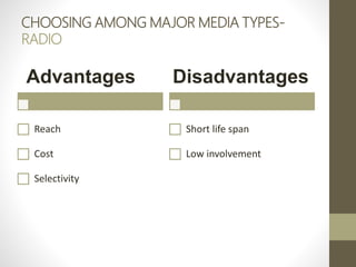 CHOOSING AMONG MAJOR MEDIA TYPES-
RADIO
Advantages
Reach
Cost
Selectivity
Disadvantages
Short life span
Low involvement
 