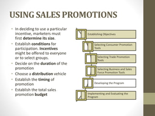 USING SALES PROMOTIONS
• In deciding to use a particular
incentive, marketers must
first determine its size.
• Establish conditions for
participation. Incentives
might be offered to everyone
or to select groups.
• Decide on the duration of the
promotion
• Choose a distribution vehicle
• Establish the timing of
promotion
• Establish the total sales
promotion budget
Establishing Objectives
Selecting Consumer Promotion
Tools
Selecting Trade Promotion
Tools
Selecting Business and Sales
Force Promotion Tools
Developing the Program
Implementing and Evaluating the
Program
 