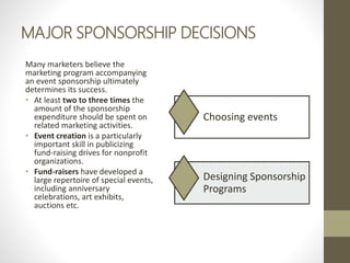 MAJOR SPONSORSHIP DECISIONS
Many marketers believe the
marketing program accompanying
an event sponsorship ultimately
determines its success.
• At least two to three times the
amount of the sponsorship
expenditure should be spent on
related marketing activities.
• Event creation is a particularly
important skill in publicizing
fund-raising drives for nonprofit
organizations.
• Fund-raisers have developed a
large repertoire of special events,
including anniversary
celebrations, art exhibits,
auctions etc.
Choosing events
Designing Sponsorship
Programs
 