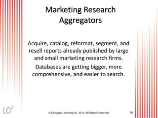 © Cengage Learning Inc. 2013. All Rights Reserved. 18
Marketing Research
Aggregators
Acquire, catalog, reformat, segment, and
resell reports already published by large
and small marketing research firms.
Databases are getting bigger, more
comprehensive, and easier to search.
3
 