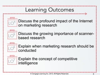 Discuss the profound impact of the Internet
on marketing research
Discuss the growing importance of scanner-
based research
Explain when marketing research should be
conducted
Explain the concept of competitive
intelligence
© Cengage Learning Inc. 2013. All Rights Reserved. 3
4
5
6
7
 