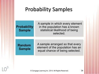 © Cengage Learning Inc. 2013. All Rights Reserved. 34
Probability Samples
Probability
Sample
A sample in which every element
in the population has a known
statistical likelihood of being
selected.
Random
Sample
A sample arranged so that every
element of the population has an
equal chance of being selected.
3
 