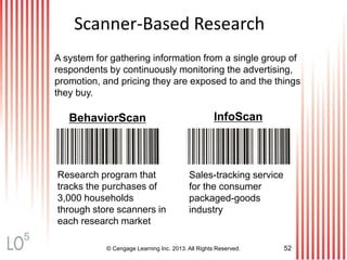 © Cengage Learning Inc. 2013. All Rights Reserved. 52
Scanner-Based Research
A system for gathering information from a single group of
respondents by continuously monitoring the advertising,
promotion, and pricing they are exposed to and the things
they buy.
BehaviorScan InfoScan
Research program that
tracks the purchases of
3,000 households
through store scanners in
each research market
Sales-tracking service
for the consumer
packaged-goods
industry
5
 