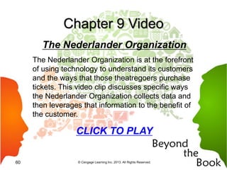 Chapter 9 Video
The Nederlander Organization
The Nederlander Organization is at the forefront
of using technology to understand its customers
and the ways that those theatregoers purchase
tickets. This video clip discusses specific ways
the Nederlander Organization collects data and
then leverages that information to the benefit of
the customer.
CLICK TO PLAY
© Cengage Learning Inc. 2013. All Rights Reserved.60
 