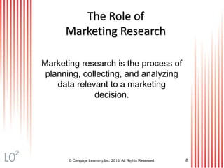 © Cengage Learning Inc. 2013. All Rights Reserved. 8
The Role of
Marketing Research
Marketing research is the process of
planning, collecting, and analyzing
data relevant to a marketing
decision.
2
 