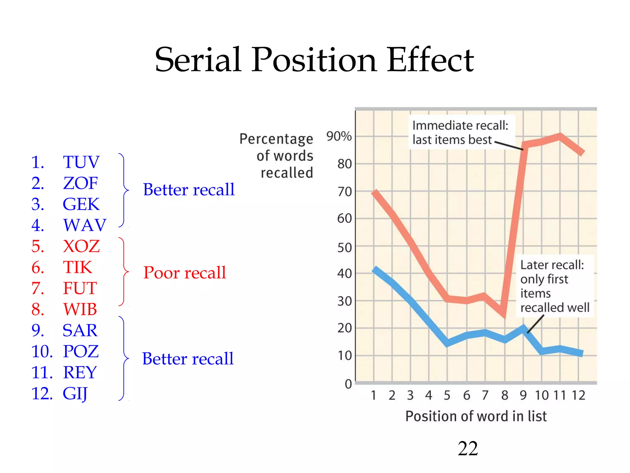 22
Serial Position Effect
1. TUV
2. ZOF
3. GEK
4. WAV
5. XOZ
6. TIK
7. FUT
8. WIB
9. SAR
10. POZ
11. REY
12. GIJ
Better recall
Better recall
Poor recall
 
