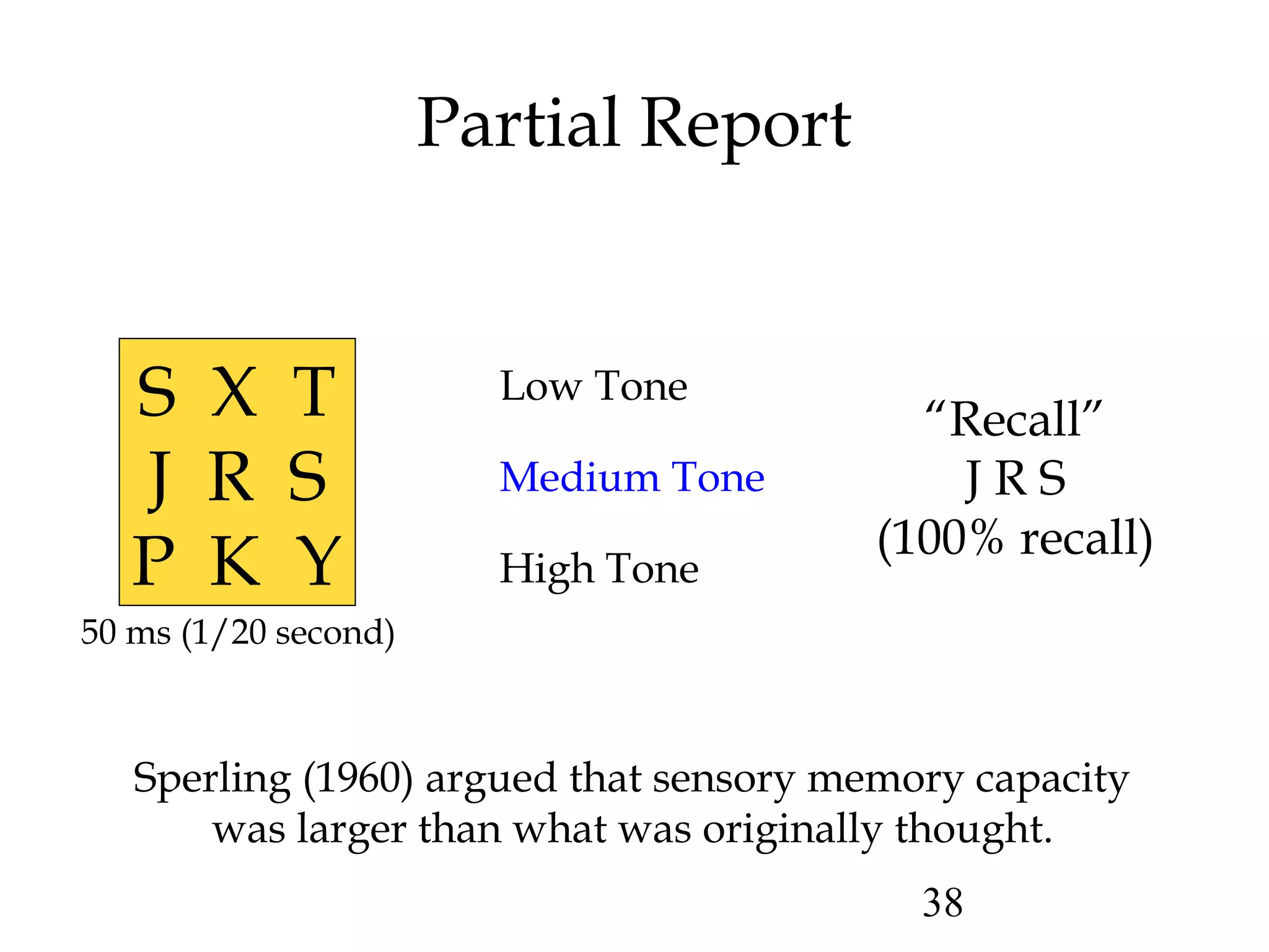 38
Partial Report
Low Tone
Medium Tone
High Tone
“Recall”
J R S
(100% recall)
Sperling (1960) argued that sensory memory capacity
was larger than what was originally thought.
50 ms (1/20 second)
S X T
J R S
P K Y
 