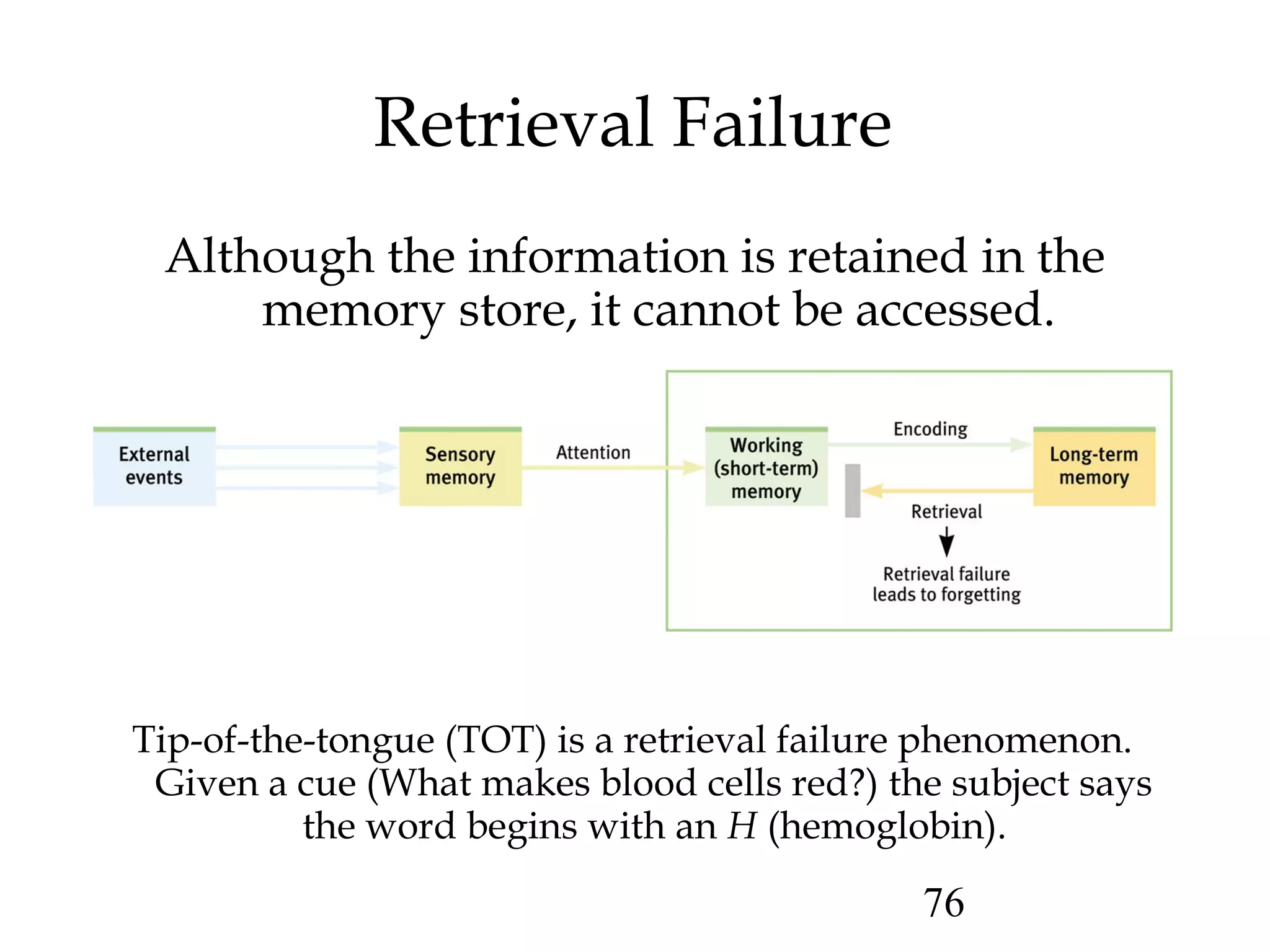 76
Retrieval Failure
Although the information is retained in the
memory store, it cannot be accessed.
Tip-of-the-tongue (TOT) is a retrieval failure phenomenon.
Given a cue (What makes blood cells red?) the subject says
the word begins with an H (hemoglobin).
 