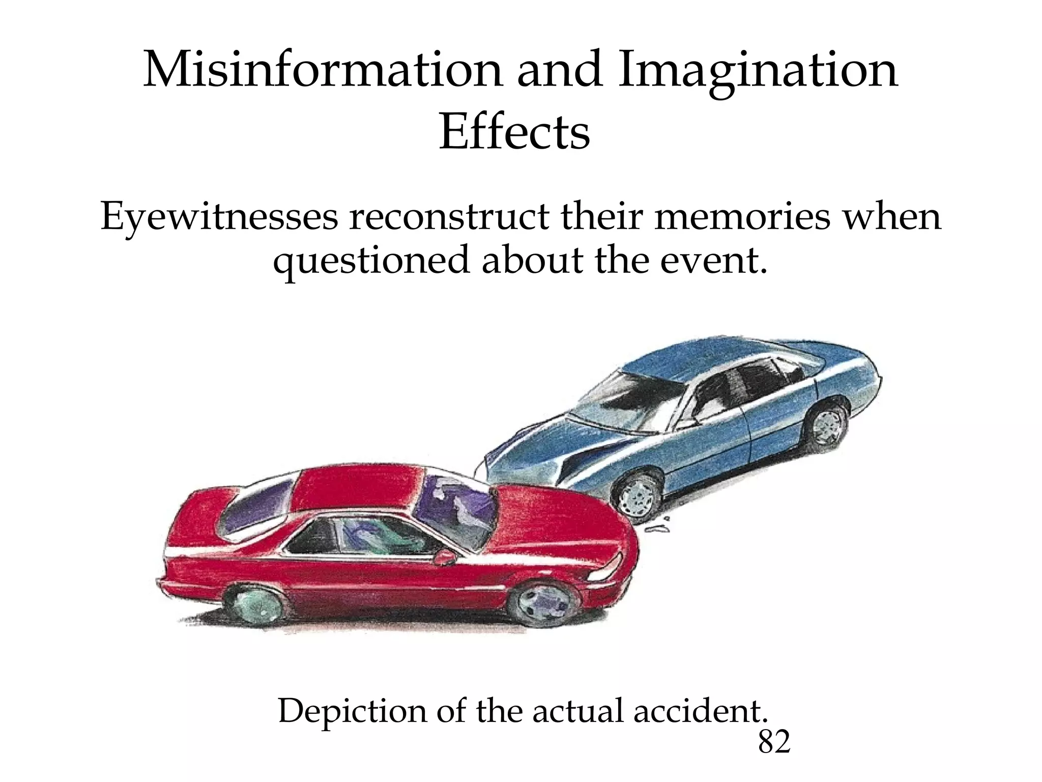 82
Eyewitnesses reconstruct their memories when
questioned about the event.
Misinformation and Imagination
Effects
Depiction of the actual accident.
 