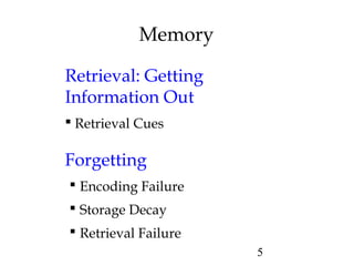 5
Memory
Retrieval: Getting
Information Out
 Retrieval Cues
Forgetting
 Encoding Failure
 Storage Decay
 Retrieval Failure
 
